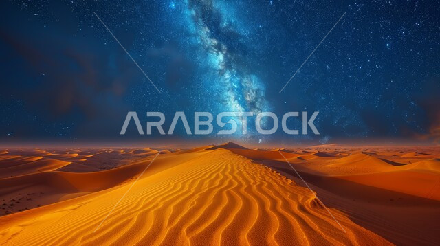منظر لمجرة درب التبانة والنجوم اللامعة في سماء السعوديه, التضاريس والمرتفعات والكثبان الرملية في المملكة وقت الليل، الرمال الذهبية الناعمة، البيئة الصحراوية في الصحراء العربية، خلفية الطبيعة
