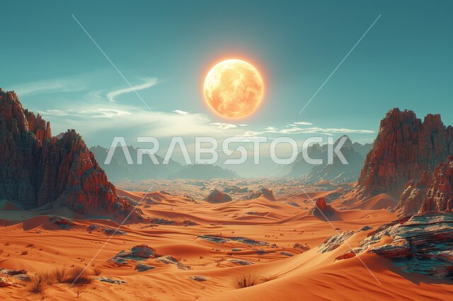 البدر المكتمل في السماء المليئة بالغيوم فوق التلال والكثبان الرملية، الرمال الذهبية الناعمة، نمو النباتات الشوكية في المناخ الصحراوي الجاف والقاسي، المرتفعات الصخرية والقمم في المناطق الصحراوية في المملكة العربية السعودية، المناظر الطبيعية في الصحاري والبراري