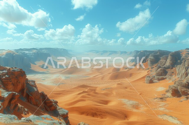 المناخ الصحراوي الجاف والقاسي، السماء المليئة بالغيوم فوق التلال والكثبان الرملية، الرمال الذهبية الناعمة، المرتفعات الصخرية والقمم في المناطق الصحراوية في المملكة العربية السعودية، المناظر الطبيعية في الصحاري والبراري