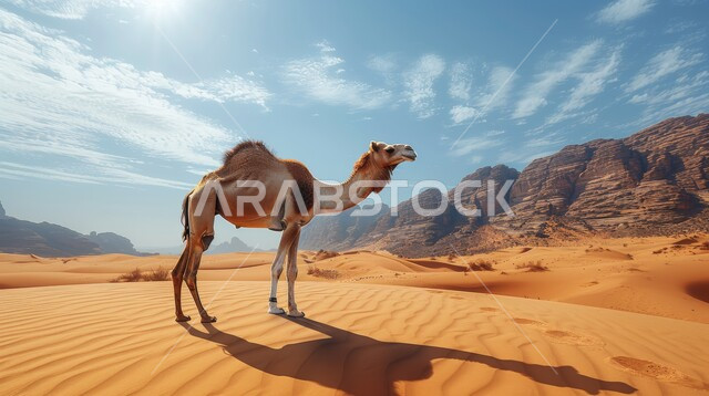 حيوان الجمل يقف وسط صحراء المملكة العربية السعودية، الاهتمام في تربية الجمال و الإبل، الكثبان الرملية و المناطق الصحراوية، مفهوم رعاية المواشي والثدييات، التكوينات والتشكيلات الصخرية والمناظر الطبيعية في الصحاري