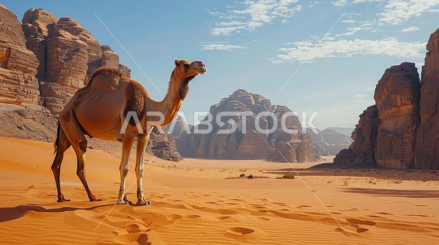 مفهوم رعاية المواشي والثدييات، حيوان الجمل يقف وسط صحراء المملكة العربية السعودية، الاهتمام في تربية الجمال و الإبل، الكثبان الرملية و المناطق الصحراوية، التكوينات والتشكيلات الصخرية والمناظر الطبيعية في الصحاري