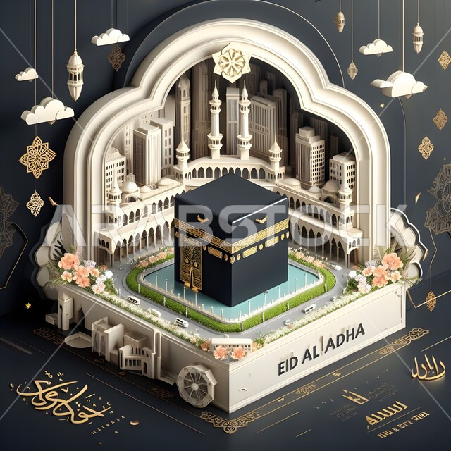 مقاصد دينية مشرفة، قبلة الاسلام والمسلمين، مجسم ثلاثي الابعاد للكعبة المشرفة في الحرم المكي الشريف، اماكن ومعالم مقدسة في مكة المكرمة، خلفيات اسلامية ثري دي، خلفية قبب ومآذن المسجد الحرام 