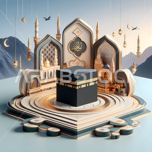 قبلة الاسلام والمسلمين، مجسم ثلاثي الابعاد للكعبة المشرفة في الحرم المكي الشريف، مقاصد دينية مشرفة، اماكن ومعالم مقدسة في مكة المكرمة، خلفيات اسلامية ثري دي، خلفية قبب ومآذن للجوامع 