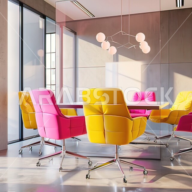 غرف مكتبية بتصاميم داخلية وديكورات راقية، تصميم عصري لمكتب عمل حديث في الشركات السعودية،غرفة اجتماعات بكراسي ملونة