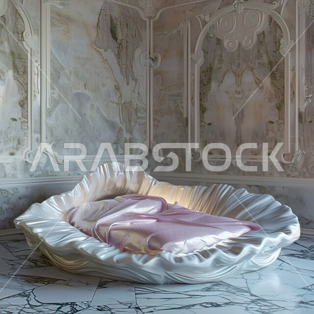 سرير ووسائد مريحة على شكل محار اللؤلؤ، تصميم داخلي  وأثاث منزلي راقي وأنيق لغرفة النوم، غرف بتصاميم داخلية عصرية، فلل وشقق سكنية بديكورات ملكية كلاسيكية، فنون الهندسة والديكور في الفنادق والمنتجعات الفاخرة