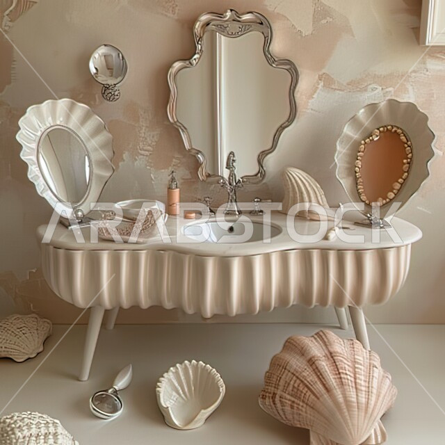 الحمام الداخلي الحديث بألوان هادئة وفاتحة، دورة مياه رخاميه فاخرة في أحد المباني السكنيه مستوحاة من البحر، ديكورات وتصاميم داخلية للحمامات وأحواض الاستحمام في الشقق السياحية على شكل المحار واًصداف اللؤلؤ، الفن الهندسي المعماري للفلل والمنازل الراقية