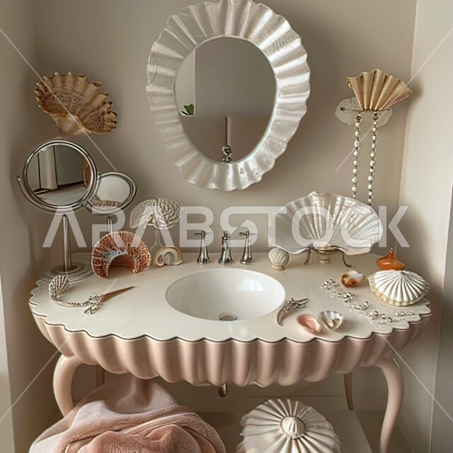 ديكورات وتصاميم داخلية للحمامات وأحواض الاستحمام في الشقق السياحية على شكل المحار واًصداف اللؤلؤ، الفن الهندسي المعماري للفلل والمنازل الراقية، الحمام الداخلي الحديث بألوان هادئة وفاتحة، دورة مياه رخاميه فاخرة في أحد المباني السكنيه مستوحاة من البحر 