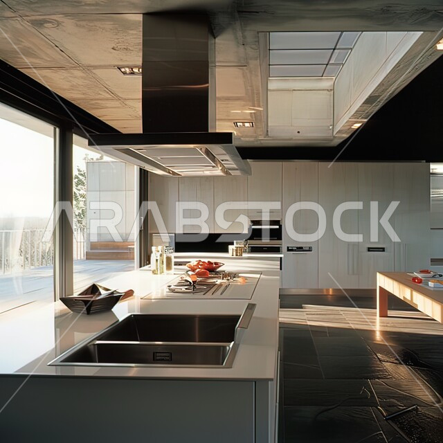 ديكور داخلي راقي لمطبخ أنيق، الفن الهندسي المعماري للفلل والشقق السكنية، التصميم العصري للمطابخ الفاخرة في المملكة العربية السعودية، الأضواء والأنوار والأكسسوارات المنزلية