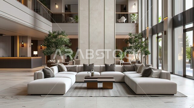 تصميم داخلي حديث لشقة سكنية، التصاميم والديكورات الداخلية لغرفة معيشة بأثاث منزلي راقي، اختيار الألوان المناسبة والتنسيق بين الأثاث والإكسسوارات، لوبي فندق فاخر في المملكة العربية السعودية، استخدام نباتات الزينة والتحف لتزيين الردهة