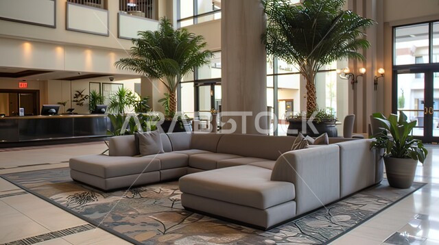  استخدام نباتات الزينة والتحف لتزيين الردهة، تصميم داخلي حديث لشقة سكنية، التصاميم والديكورات الداخلية لغرفة معيشة بأثاث منزلي راقي، اختيار الألوان المناسبة والتنسيق بين الأثاث والإكسسوارات، لوبي فندق فاخر في المملكة العربية السعودية