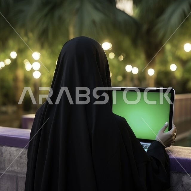 الوظائف والمهن المكتبية، مناقشة ومتابعة العمل عن بعد من خلال الانترنت، النمو التكنولوجي والتطور الالكتروني، صورة مقربة من الخلف لسيدة أعمال عربية خليجية سعودية منقبة تقوم بإنجاز المهام باستخدام الحاسب المحمول