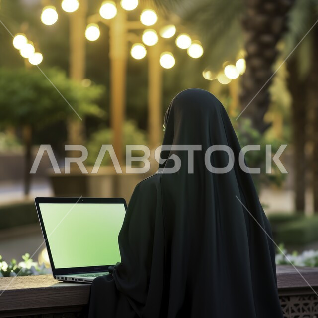 مناقشة ومتابعة العمل عن بعد من خلال الانترنت، المهن والوظائف المكتبية، النمو التكنولوجي والتطور الالكتروني، صورة مقربة من الخلف لسيدة أعمال عربية خليجية سعودية منقبة تقوم بإنجاز المهام باستخدام الحاسب المحمول