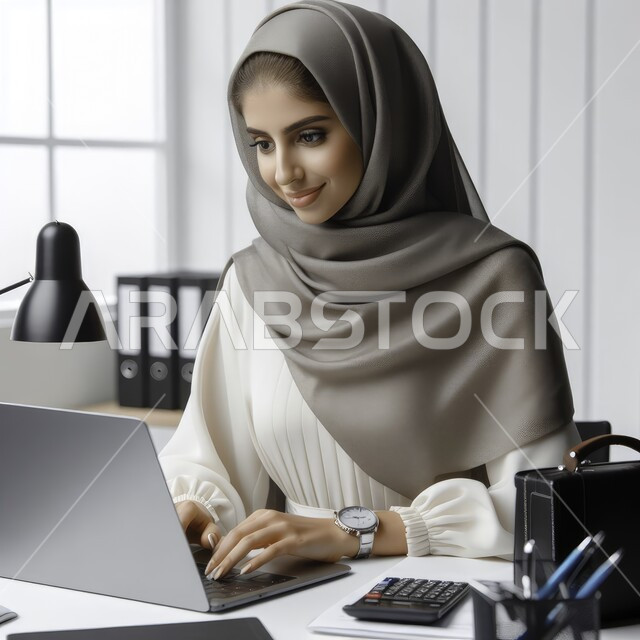 المهن والوظائف المكتبية، متابعة ومناقشة العمل عن بعد من خلال الانترنت، النمو التكنولوجي والتطور الالكتروني، صورة مقربة لسيدة أعمال عربية خليجية سعودية محجبة تقوم بإنجاز المهام باستخدام الحاسب المحمول