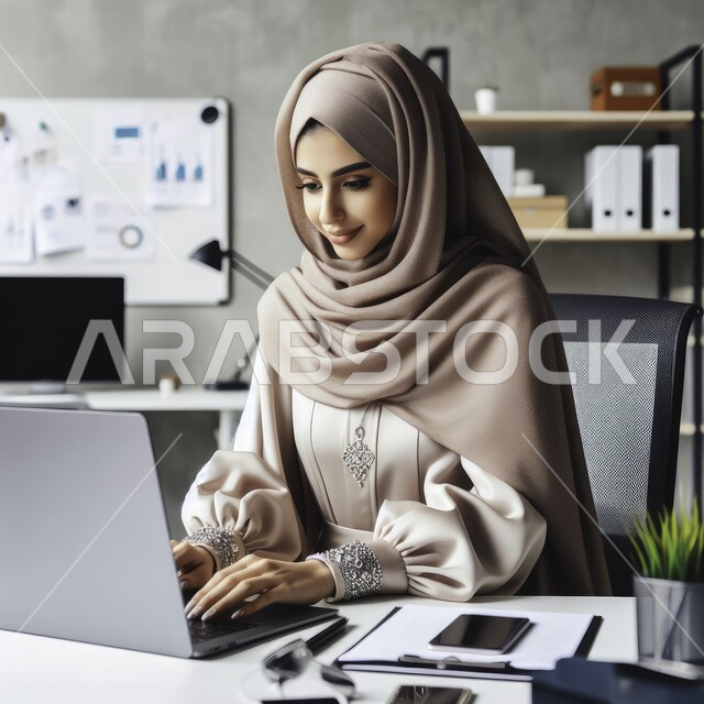 Following and discussing remote work through the Internet, technological growth and electronic development, office professions and jobs, a close-up photo of a veiled Saudi Arabian Gulf businesswoman completing tasks using a laptop.