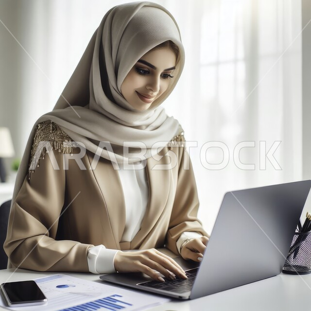 Technological growth and electronic development, following and discussing remote work through the Internet, office professions and jobs, a close-up photo of a veiled Saudi Arabian Gulf businesswoman completing tasks using a laptop.