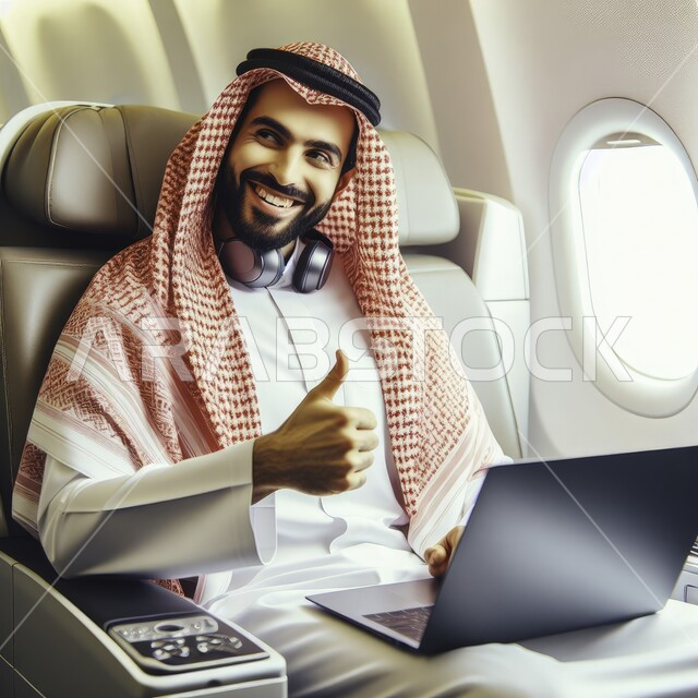 Integrating technology and techniques to follow up and develop business, the concept of remote work, a smiling Saudi Arabian Gulf man wearing traditional clothing and headphones sitting inside the plane using a laptop, raising his thumb with quality gestures, achieving the company’s goals.
