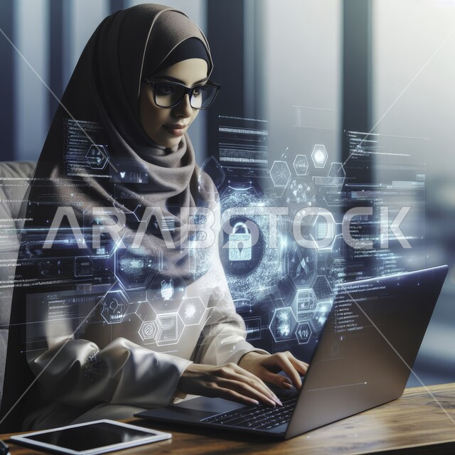 متابعة ومناقشة العمل عن بعد من خلال الانترنت، المهن والوظائف المكتبية، صورة مقربة لسيدة أعمال عربية خليجية سعودية محجبة تقوم بإنجاز المهام باستخدام الحاسب المحمول في مقر الشركة، رموز رقمية هولوجرامية