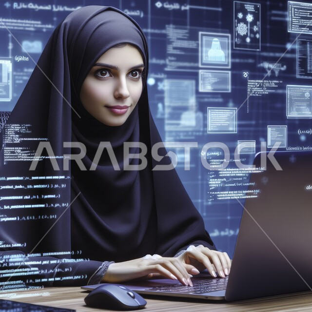 رموز رقمية هولوجرامية، متابعة ومناقشة العمل عن بعد من خلال الانترنت، المهن والوظائف المكتبية، صورة مقربة لسيدة أعمال عربية خليجية سعودية محجبة تقوم بإنجاز المهام باستخدام الحاسب المحمول في مقر الشركة