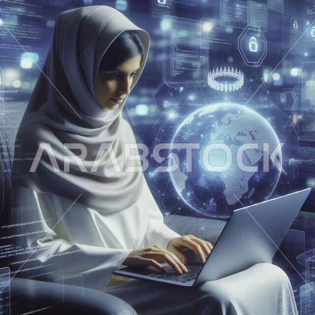النمو التكنولوجي والتطور الالكتروني، متابعة ومناقشة العمل عن بعد من خلال الانترنت، المهن والوظائف المكتبية، صورة مقربة لسيدة أعمال عربية خليجية سعودية محجبة تقوم بإنجاز المهام باستخدام الحاسب المحمول، رموز رقمية هولوجرامية
