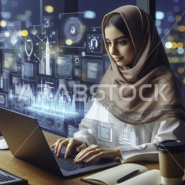 متابعة ومناقشة العمل عن بعد من خلال الانترنت، المهن والوظائف المكتبية، صورة مقربة لسيدة أعمال عربية خليجية سعودية محجبة تقوم بإنجاز المهام باستخدام الحاسب المحمول في مقر الشركة، رموز رقمية هولوجرامية
