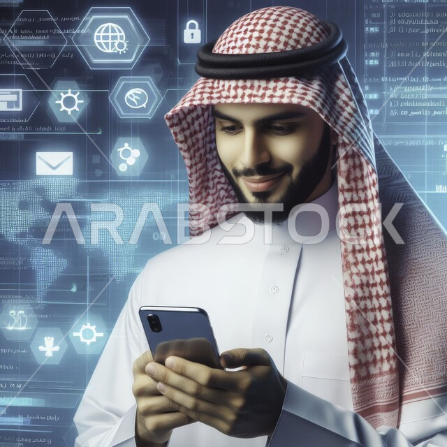 رموز رقمية هولوجرامية لأيقونات الكمبيوتر وشبكات الإنترنت، التطور الالكتروني والنمو التكنولوجي في مجال الذكاء الاصطناعي، صورة مقربة لرجل عربي خليجي سعودي يرتدي الزي التقليدي يقوم بإنجاز الاعمال والمهام بإستخدام الهاتف المحمول في مقر الشركة، التكنولوجيا الرقمية الحديثة