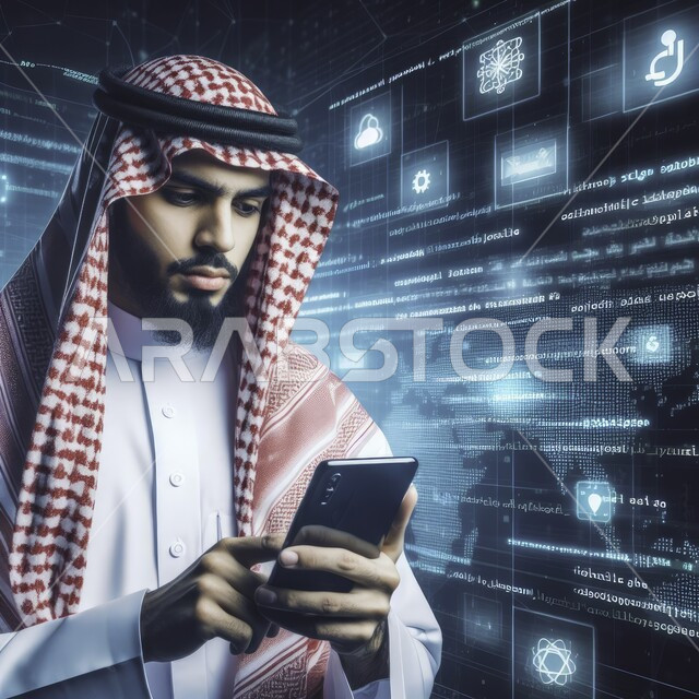 Modern digital technology, electronic development and technological growth in the field of artificial intelligence, holographic digital symbols for computer icons and Internet networks, a close-up image of a Saudi Gulf Arab man wearing traditional clothing, completing work and tasks using a mobile phone at the company’s headquarters.