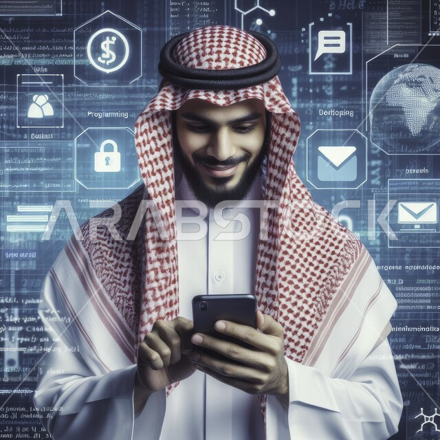 Electronic development and technological growth in the field of artificial intelligence, holographic digital symbols for computer icons and Internet networks, a close-up image of a Saudi Gulf Arab man wearing traditional clothing completing work and tasks using a mobile phone at the company’s headquarters, modern digital technology