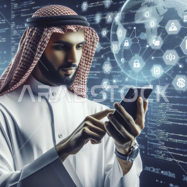 التطور الالكتروني والنمو التكنولوجي في مجال الذكاء الاصطناعي، رموز رقمية هولوجرامية لأيقونات الكمبيوتر وشبكات الإنترنت، صورة مقربة لرجل عربي خليجي سعودي يرتدي الزي التقليدي يقوم بإنجاز الاعمال والمهام بإستخدام الهاتف المحمول في مقر الشركة، التكنولوجيا الرقمية الحديثة