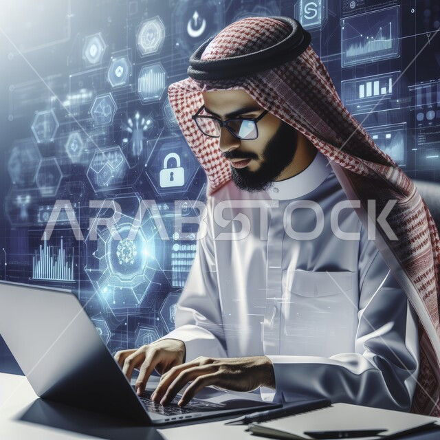 رموز رقمية هولوجرامية لأيقونات الكمبيوتر وشبكات الإنترنت، التطور الالكتروني والنمو التكنولوجي في مجال الذكاء الاصطناعي، صورة مقربة لرجل عربي خليجي سعودي يرتدي الزي التقليدي يقوم بإنجاز الاعمال والمهام بإستخدام الحاسب المحمول في مقر الشركة، التكنولوجيا الرقمية الحديثة