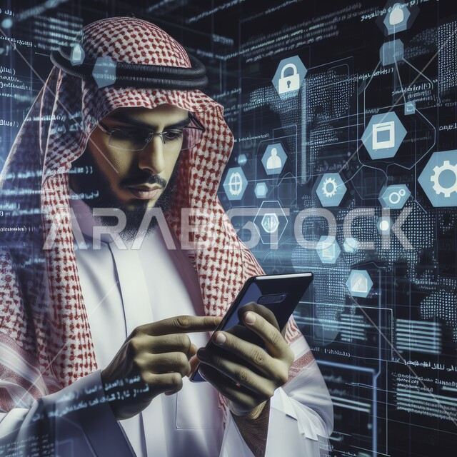 التكنولوجيا الرقمية الحديثة، التطور الالكتروني والنمو التكنولوجي في مجال الذكاء الاصطناعي، رموز رقمية هولوجرامية لأيقونات الكمبيوتر وشبكات الإنترنت، صورة مقربة لرجل عربي خليجي سعودي يرتدي الزي التقليدي يقوم بإنجاز الاعمال والمهام بإستخدام الهاتف المحمول في مقر الشركة
