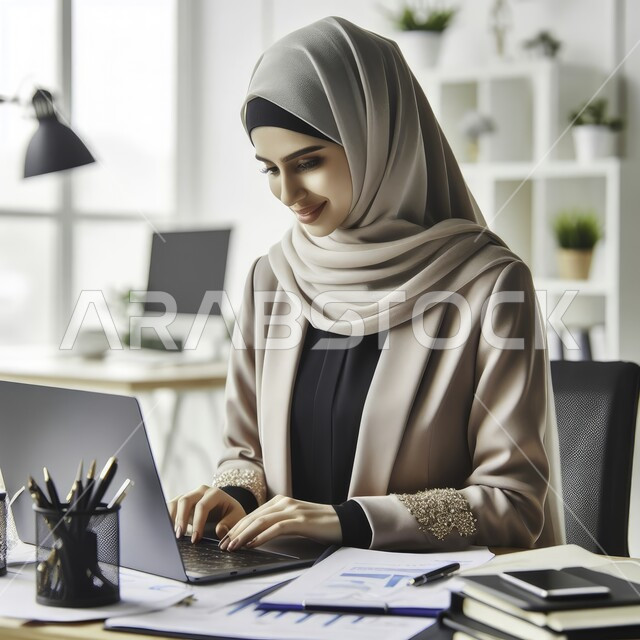 النمو التكنولوجي والتطور الالكتروني، متابعة ومناقشة العمل عن بعد من خلال الانترنت، المهن والوظائف المكتبية، صورة مقربة لسيدة أعمال عربية خليجية سعودية محجبة تقوم بإنجاز المهام باستخدام الحاسب المحمول