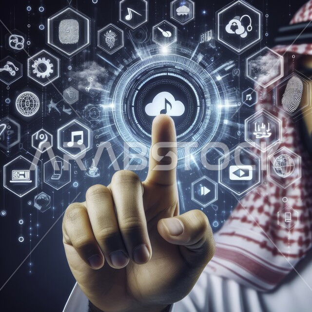 مجموعة من الايقونات الخاصة بالانشطة المختلفة، صورة مقربة ليد رجل عربي خليجي سعودي يرتدي الزي التقليدي يقوم باختيار زر تشغيل الموسيقى، رمز السحابة الالكترونية، رموز رقمية الكترونية