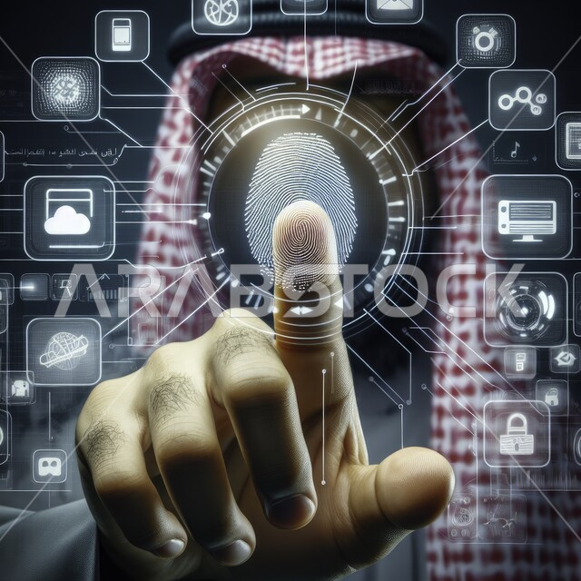 نظام امني و الدخول ببصمة الاصبع، صورة مقربة لرجل عربي خليجي سعودي يرتدي الزي التقليدي يضغط بأصبعه لفك قفل الامان بتقنية الهيلوجرام، ماسح ضوئي لبصمات الاصابع، مفهوم أمن تكنولوجيا المعلومات
