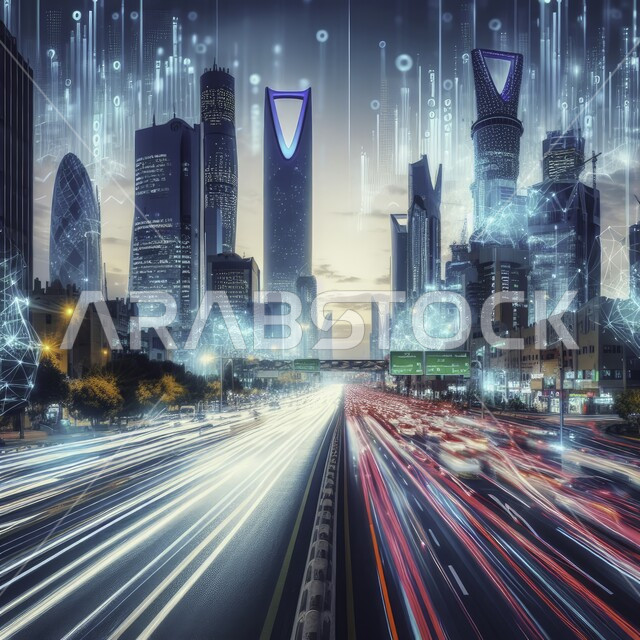 Riyadh’s skyscrapers and towers are integrated with a set of programming languages and icons for computer and Internet applications, developing the computer network and software systems, the digital information technology and communications sector in Saudi Arabia, Vision 2030