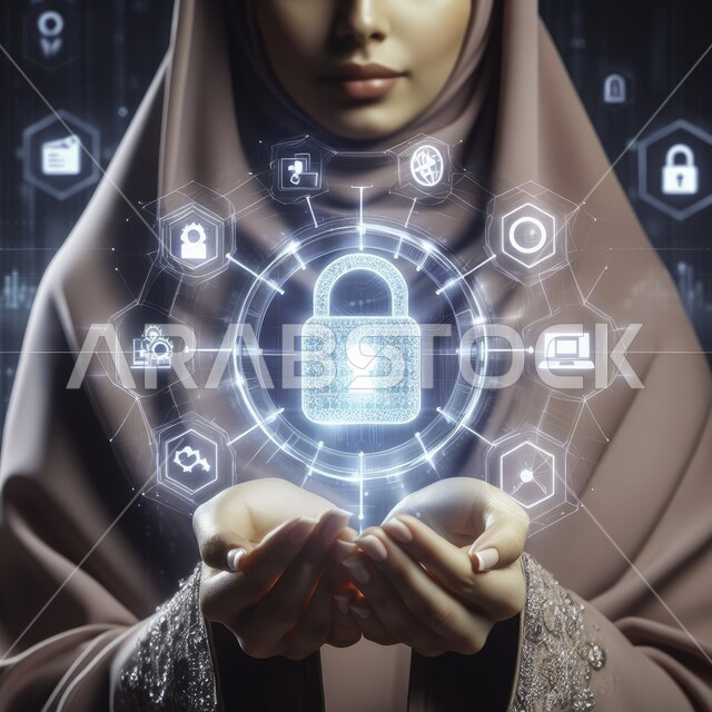 The concept of information technology security, a close-up image of a veiled Saudi Gulf Arab woman holding a hologram lock in her hand, electronic development and technological growth in the field of protection