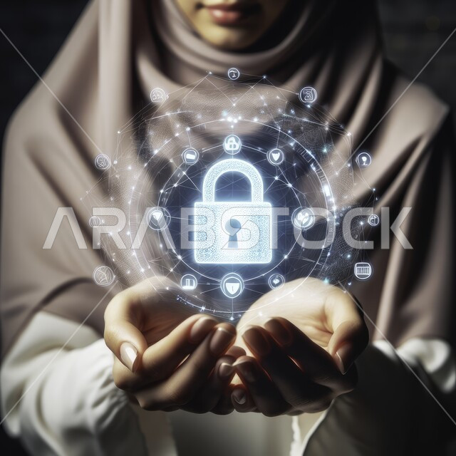 Electronic development and technological growth in the field of protection, the concept of information technology security, a close-up image of a veiled Saudi Arabian Gulf woman holding a hologram lock in her hand.
