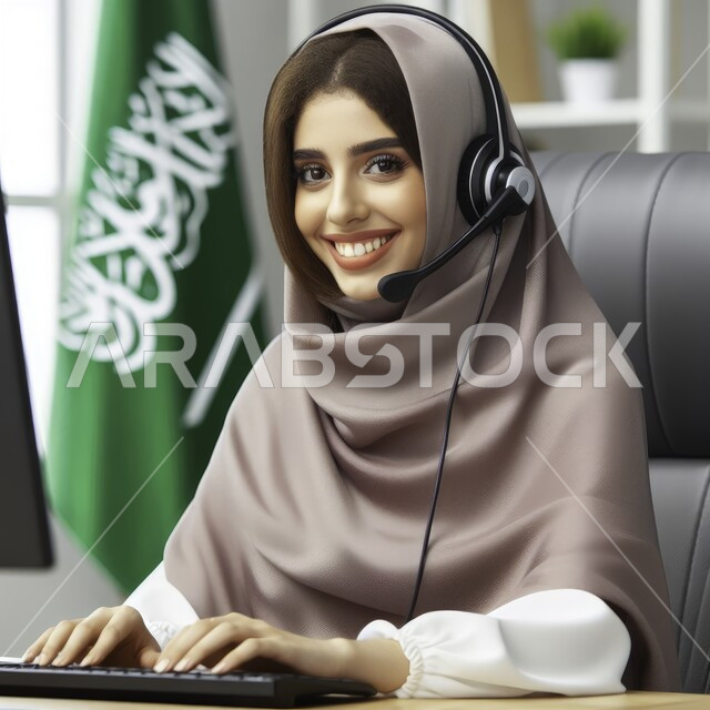 مهن ووظائف نسائية، الإجابة والرد على استفسارات العملاء، صورة مقربة لموظفة عربية خليجية سعودية محجبة تضع سماعة الاتصال، الاحتفال باليوم الوطني السعودي 23 سبتمبر، يوم العلم 11 مارس