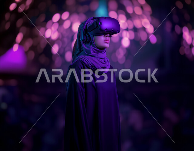 العلوم والتكنولوجيا الحديثة والمتطورة, التفاعل والاندماج مع الواقع الافتراضي, صورة مقربة لامرأة عربية خليجية سعودية ترتدي نظارة ثلاثية الأبعاد وتنظر إلى شيء ما