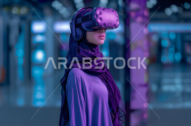 Interaction and integration with virtual reality, modern and advanced science and technology, a close-up image of a Saudi Gulf Arab woman wearing 3D glasses and looking at something