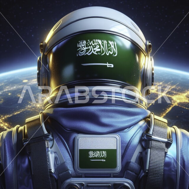الفخر بانجازات البلاد، رحلة السعودية الى العالم الفضائي، صورة مقربة من الخلف لرجل عربي خليجي سعودي يرتدي بدلة الفضاء ينظر الى الأجرام والأكوان في السماء، إحياء ذكرى اليوم الوطني السعودي في 23 سبتمبر، يوم العلم 11 مارس، شعار وراية التوحيد والإسلام