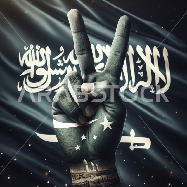 شعار وراية التوحيد والإسلام، اندماج الأصابع بكلمة التوحيد في علم المملكة، حب الوطن والاعتزاز به، صورة مقربة ليد تمثل علامة السلام والنصر، إحياء ذكرى اليوم الوطني السعودي في 23 سبتمبر، يوم العلم 11 مارس