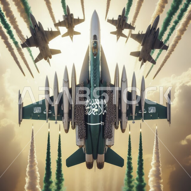 Showing the aviation team on Saudi National Day, presenting air shows in the skies of the Kingdom of Saudi Arabia, celebrating national holidays and events, showing loyalty and love for the Saudi state, commemorating the Saudi National Day on September 23, Flag Day activities on March 11