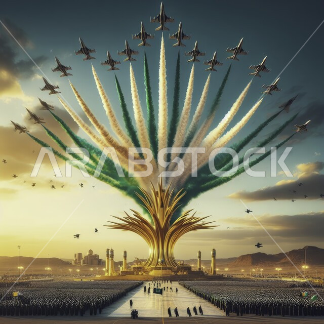 Presenting air shows in the skies of the Kingdom of Saudi Arabia, displaying the aviation team on the Saudi National Day, celebrating national holidays and events, showing loyalty and love for the Saudi state, commemorating the Saudi National Day on September 23, Flag Day activities on March 11