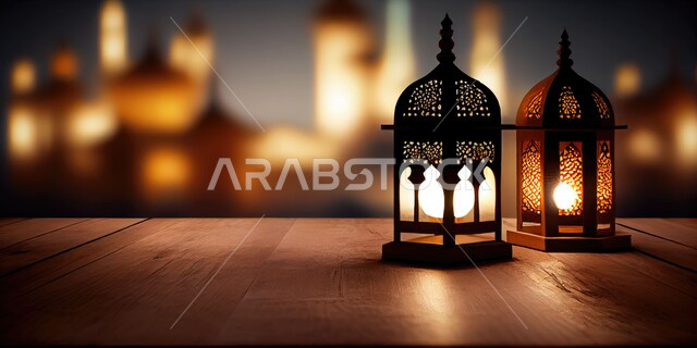 Lanterns, antiques, and traditional decorations to celebrate the advent of the holy month of Ramadan, a Ramadan and Islamic spiritual atmosphere, a luminous decorated metal Arab lantern, Arab customs and traditions in holiday decorations and religious occasions.