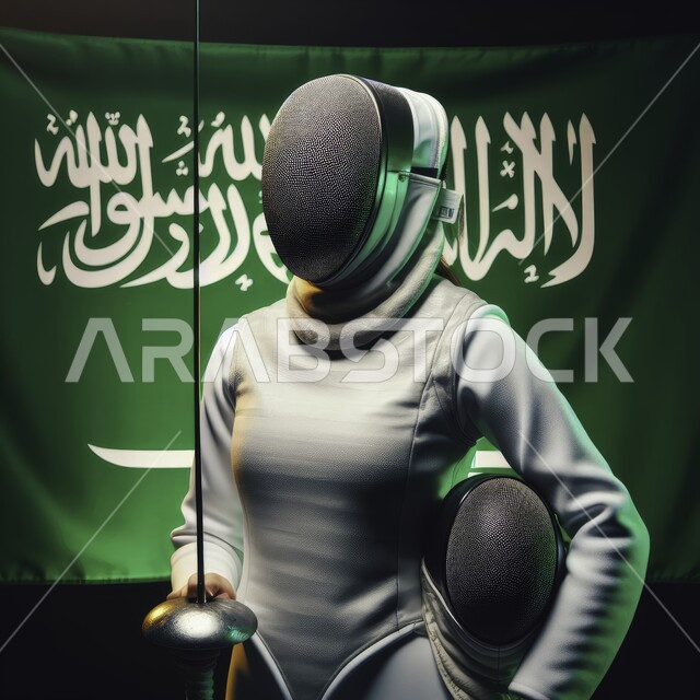 ذكرى العيد الوطني 23 سبتمبر، فنون السيافة عند العرب، امرأة عربية خليجية سعودية ترتدي الزي الخاص بالمبارزة تقف احتراما لانجازات البلاد، يوم العلم السعودي 11 مارس، خلفية علم السعودية