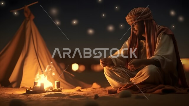 The view of the bright stars in the sky, the peaceful atmosphere in the desert nature, camping places in the desert of the Kingdom of Saudi Arabia, a Saudi Gulf Arab man wearing a traditional costume sitting next to a tent, a barn gravy in the desert, burning fires at night.