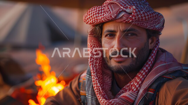 أماكن التخييم في صحراء المملكة العربية السعودية، الأجواء الهادئة للطبيعة الصحراوية، صورة مقربة لرجل عربي خليجي سعودي يرتدي زي شعبي يجلس بجانب خيمة،  كشتة بر في البادية، موقد نار مشتعل