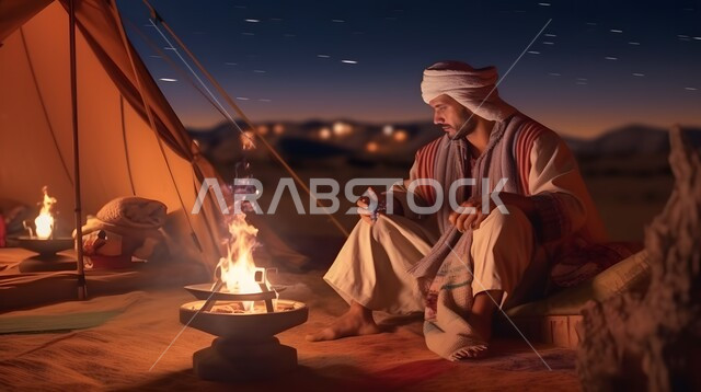 الأجواء الهادئة في الطبيعة الصحراوية، أماكن التخييم في صحراء المملكة العربية السعودية، رجل عربي خليجي سعودي يرتدي زي شعبي يجلس بجانب خيمة،  كشتة بر في البادية، النيران المشتعلة ليلا 