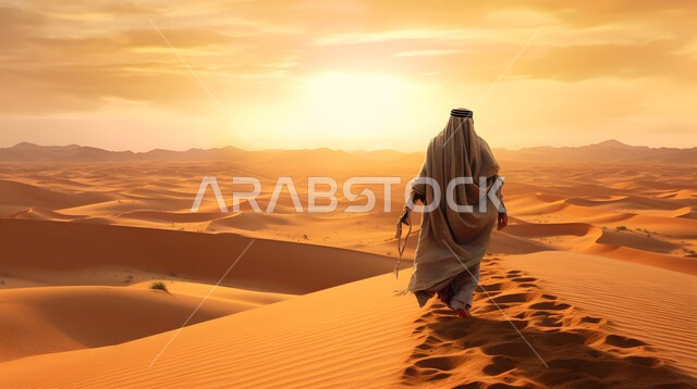 الهضاب والتلال الرملية، منظر السماء المليئة بالغيوم في وقت الغروب، صورة من الخلف لرجل عربي خليجي سعودي يرتدي الزي التقليدي يقف في وسط الصحراء، الطبيعة الصحراوية في المملكة العربية السعودية، الرمال الذهبية الناعمة