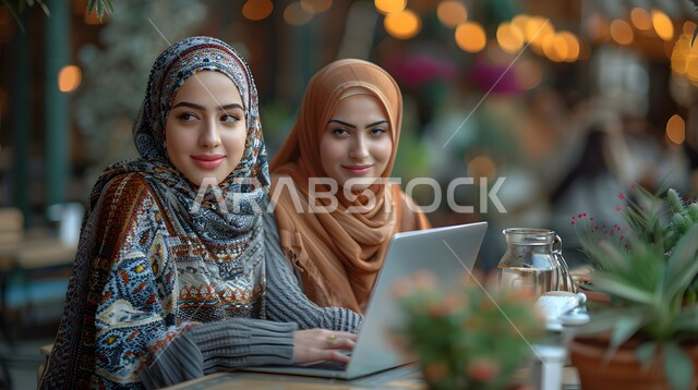 التعاون في إنجاز الأعمال، دمج التكنولوجيا الحديثة بالحياة العملية، إدارة شؤون العمل وتنظيمه باستخدام جهاز الحاسوب، صورة مقربة لشابتان عربيتان خليجيتان سعوديتان محجبتان تجلسان في إحدى الكافيهات في المملكة العربية السعودية، عقد الاجتماعات عن بعد عبر الانترنت